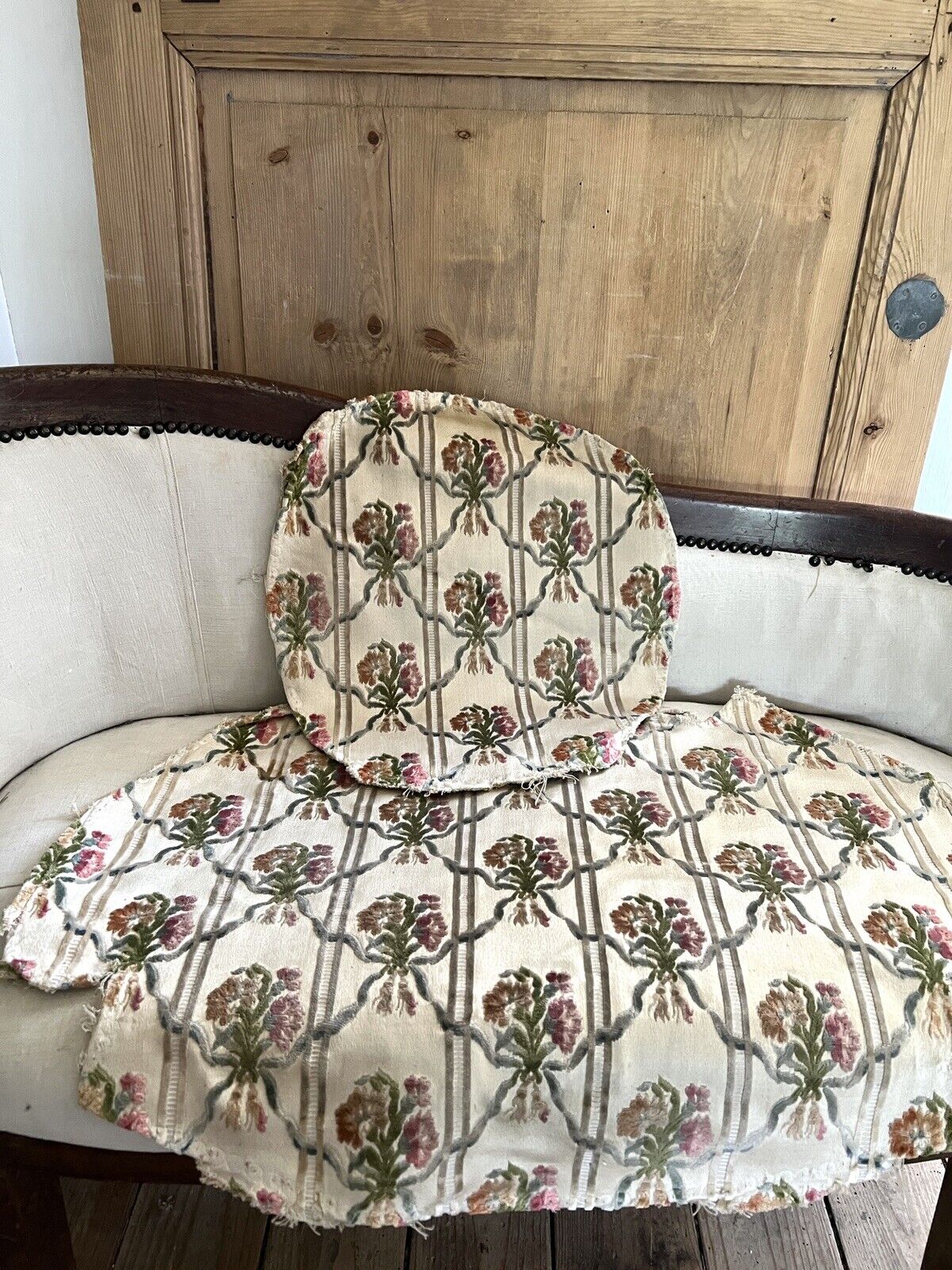 Antique French EMPIRE PAIR DAMASK cotton chair covers floral bouquets c1880