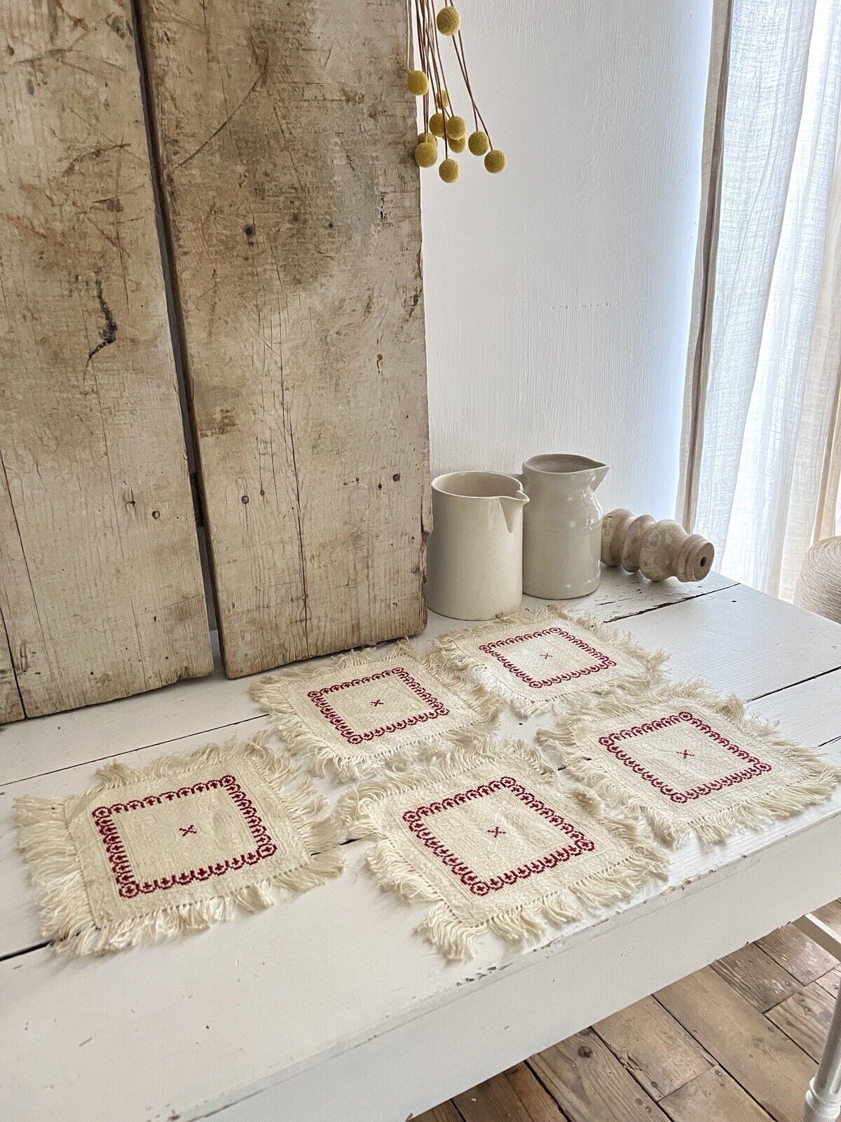 SET 5 French EMBROIDERED damask cotton DOILIES mat RED DECOR fringes c1930