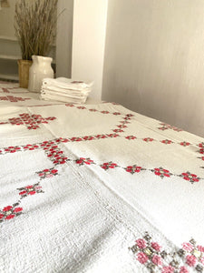 SET EMBROIDERED heavy RUSTIC country LINEN TABLECLOTH 12 NAPKINS c1930