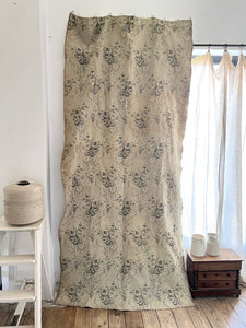 Antique French long DAMASK cotton FLORAL GREY beige CURTAIN drape c1910