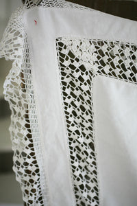 Antique French fine LINEN coffee table TABLECLOTH LACE CROCHET c1900