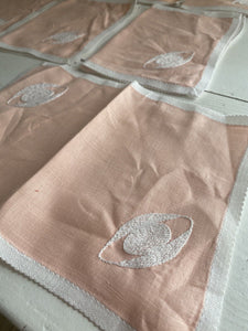 Set 10 vintage French LINEN TEA NAPKINS embroideries PALE PINK shabby chic c1950