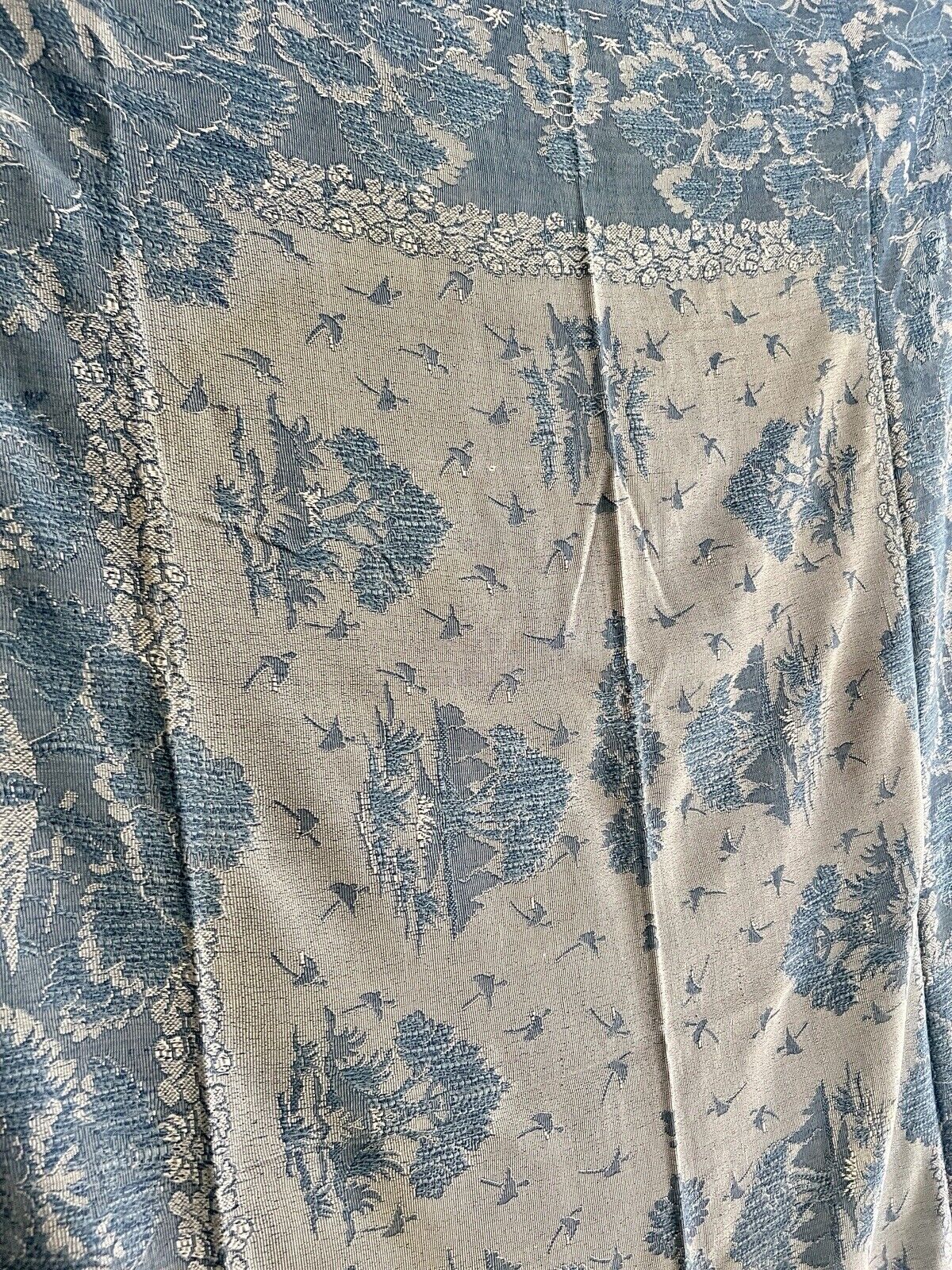 Vintage French BLUE DAMASK cotton BEDSPREAD CHINOISERIE c1930