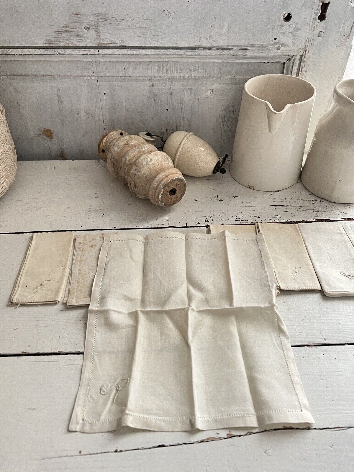 Set of 7 antique French linen cotton blend HANDKERCHIEF R mono c1900