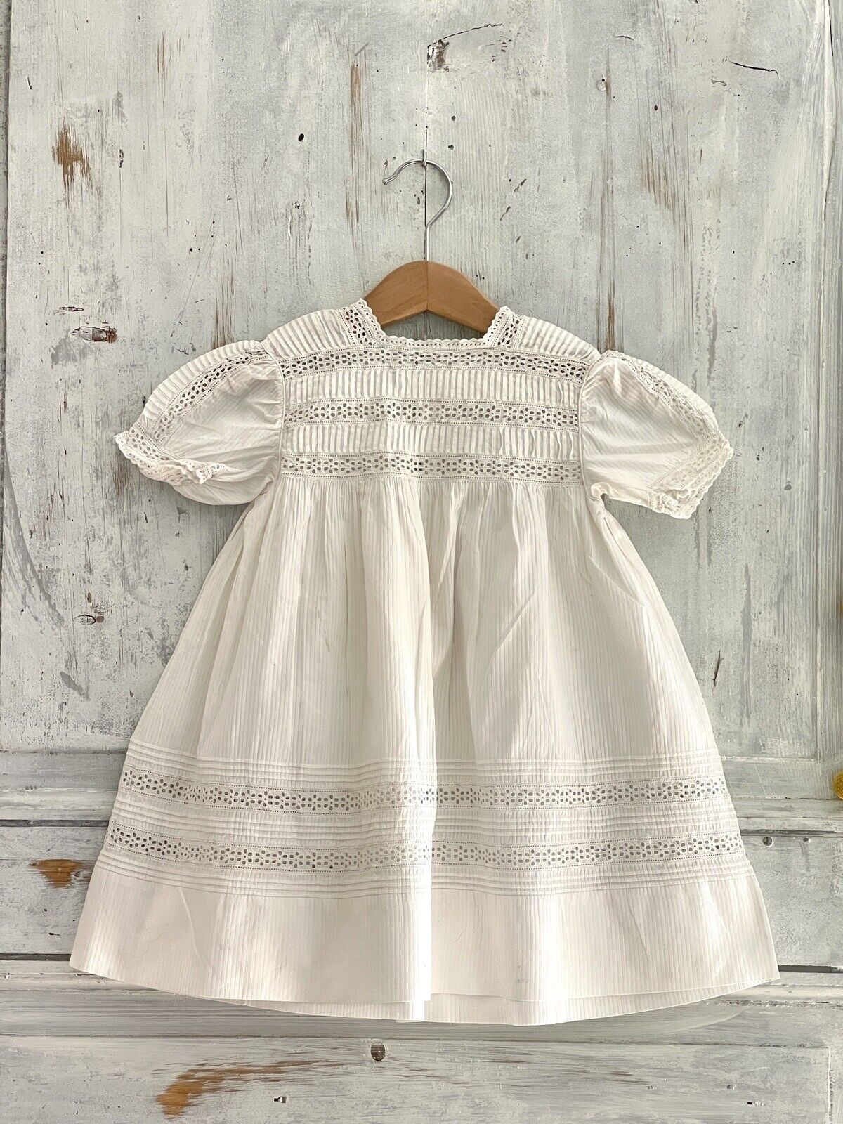 Vintage French ribbed COTTON child embroidered LACE dress DOLL c1930