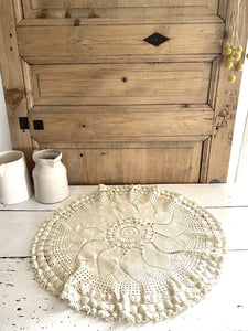 Vintage French filet lace ROUND doily HEAVY cotton ECRU rosace c1930