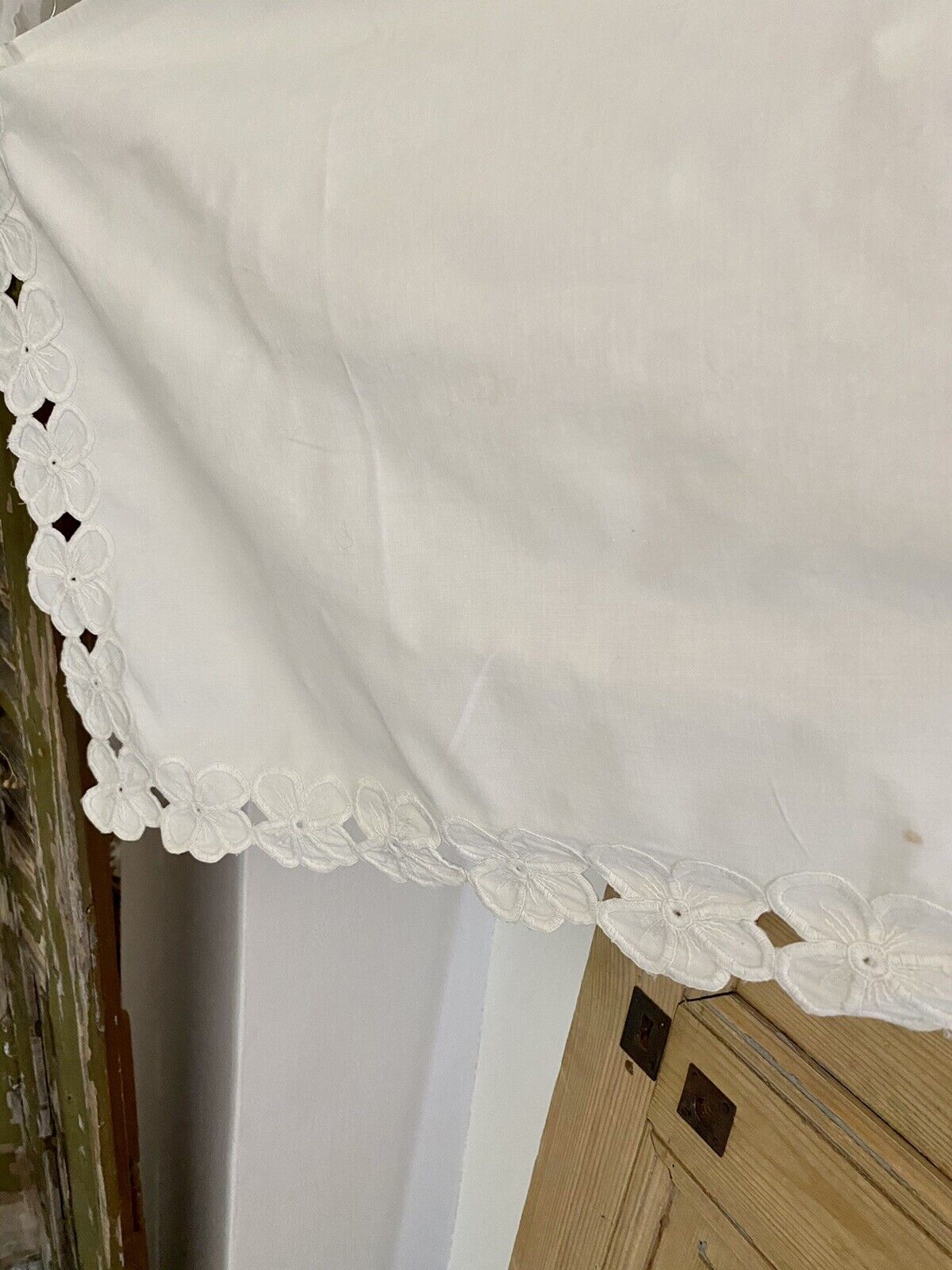 Vintage French MANTELPIECE COVER linen cotton curtain SHELF COVER lace c1930