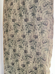 Antique French long woven DAMASK cotton FLORAL GREY green CURTAIN c1910