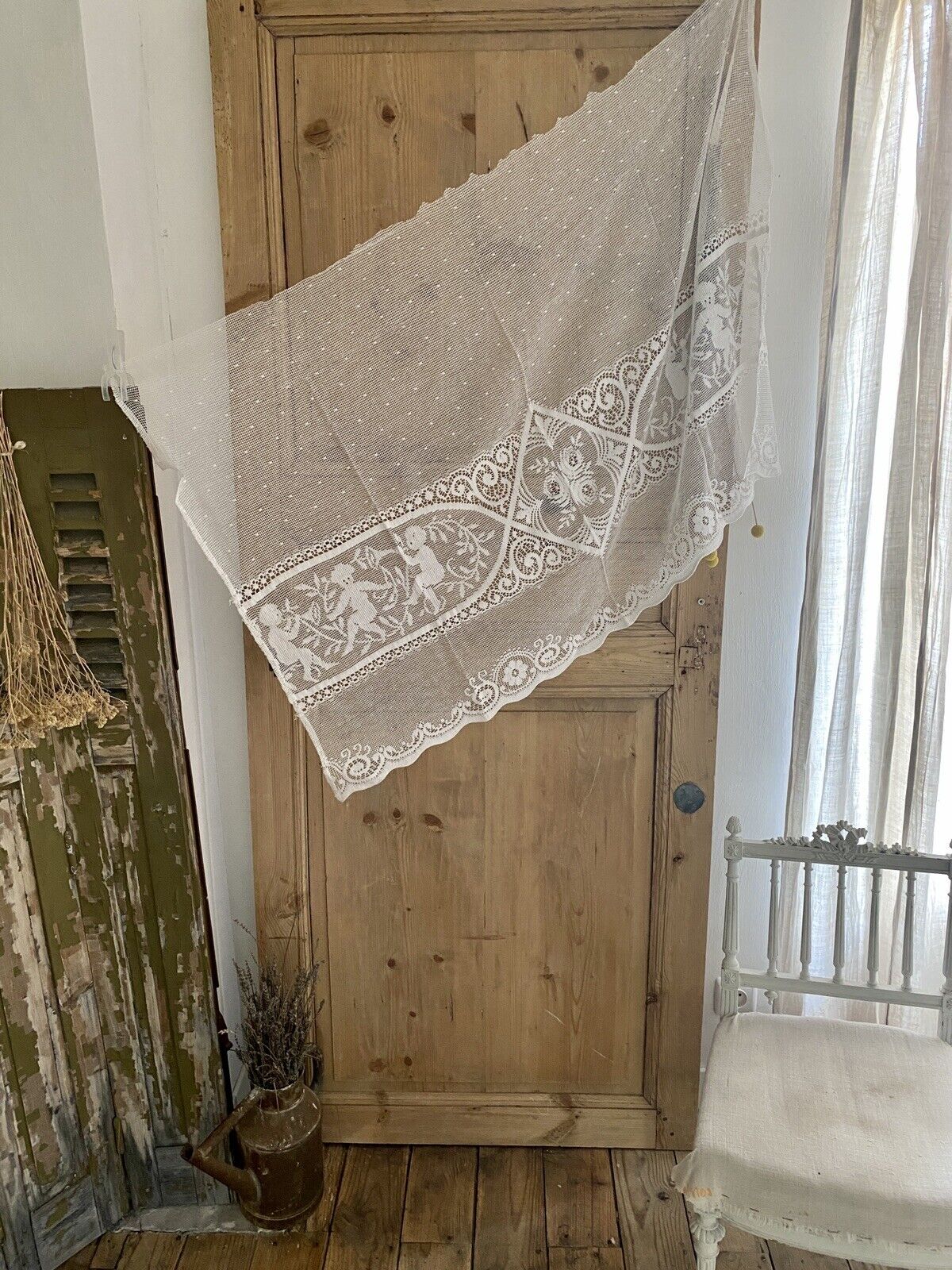 Vintage French FILET LACE panel CURTAIN brise bise c1930