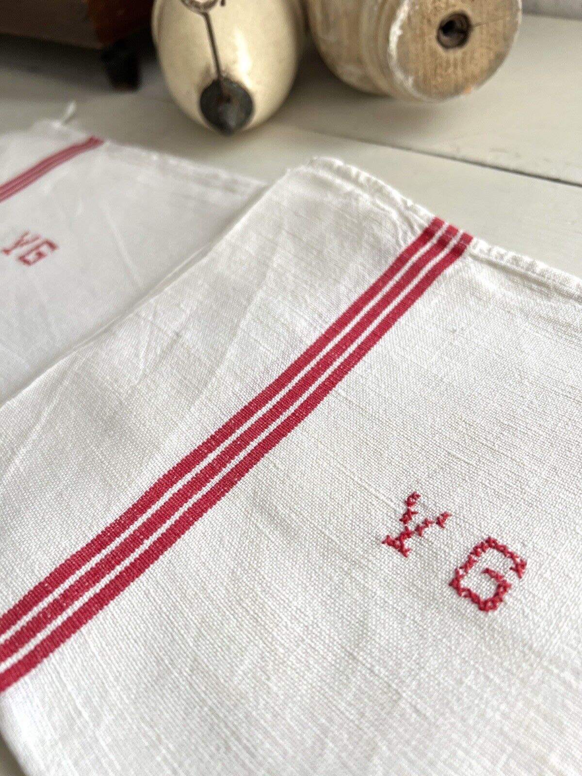 PAIR vintage French LINEN TEA TOWELS YG mono c1920