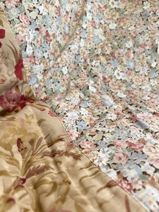 XL antique French floral QUILT PATCHED piqué de PROVENCE PINK CARNATIONS c1880