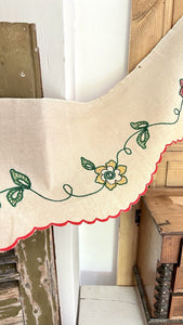 Vintage French country MANTELPIECE COVER embroidered NATURAL LINEN c1930