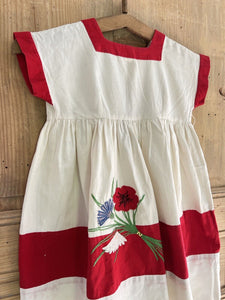 Vintage French COTTON child DRESS FLORAL embroidered TWO TONES c1950