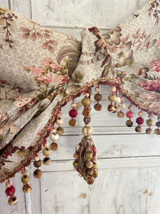 Antique French FLORAL cotton VALANCE mantel CHINOISERIE pompoms c1900