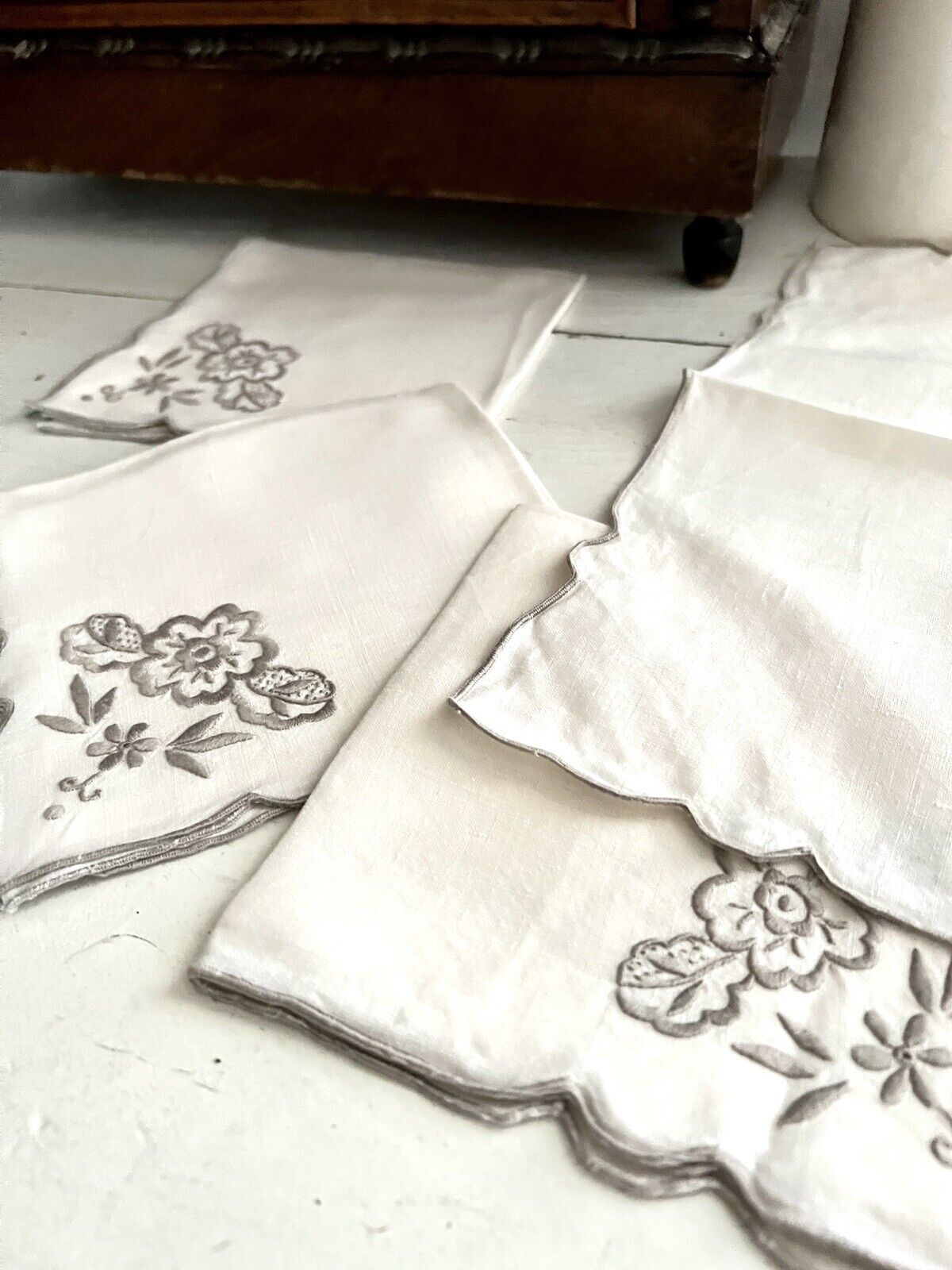 SET 6 vintage French LINEN TEA NAPKINS  gray FLORAL embroideries c1950