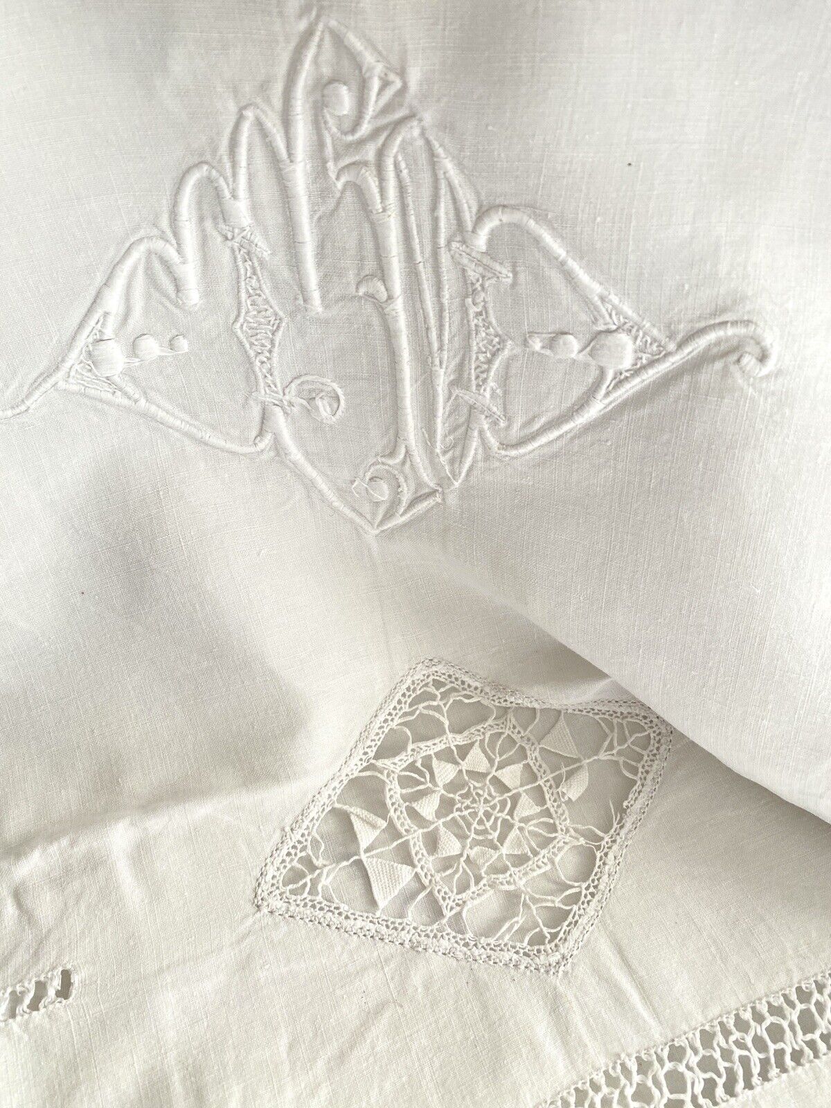 Art Deco French LINEN FIL TROUSSEAU sheet OPENWORKS MI mono c1930