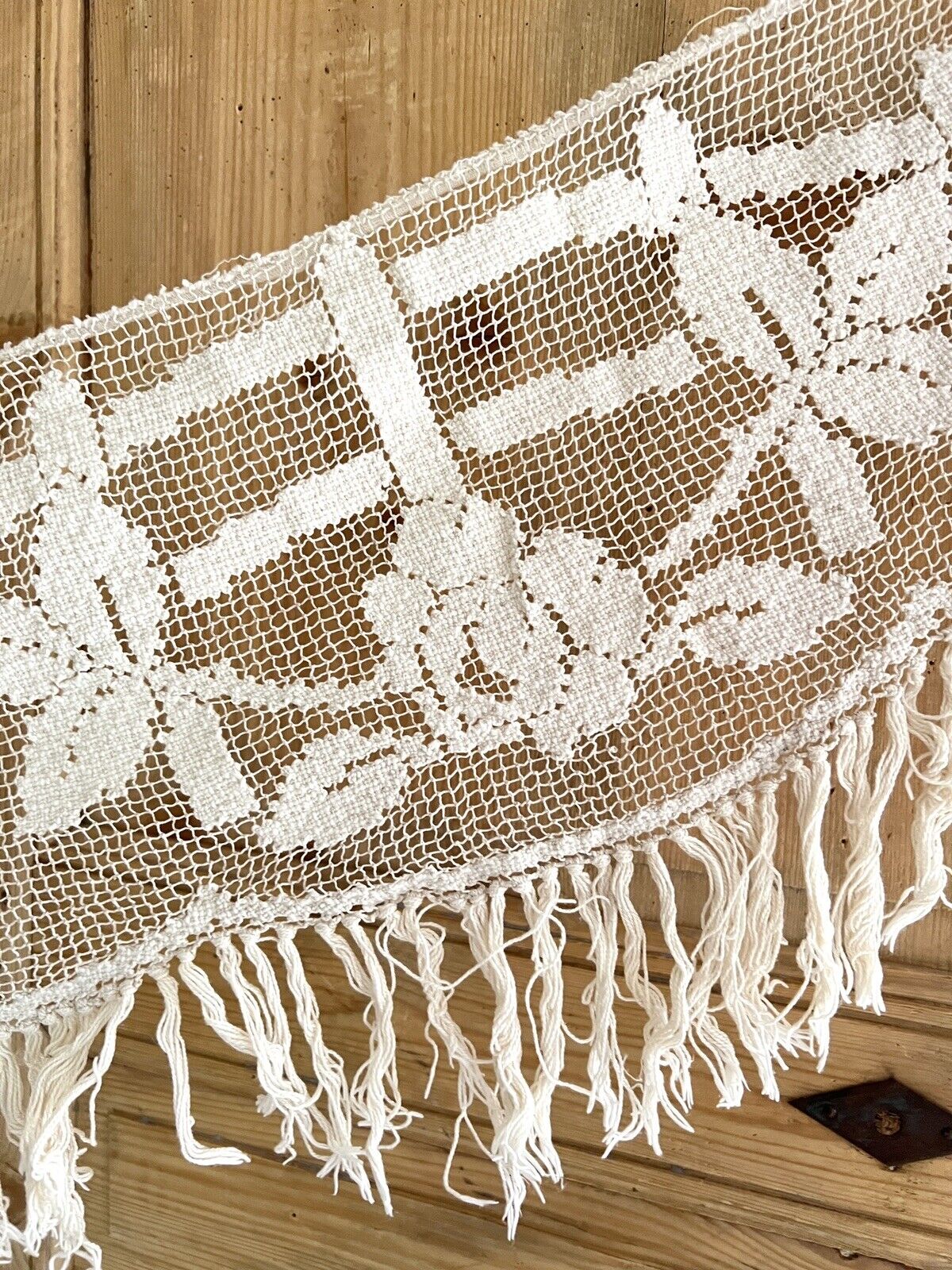 Vintage French floral MANTELPIECE COVER curtain cotton FILET LACE FRINGES c1930