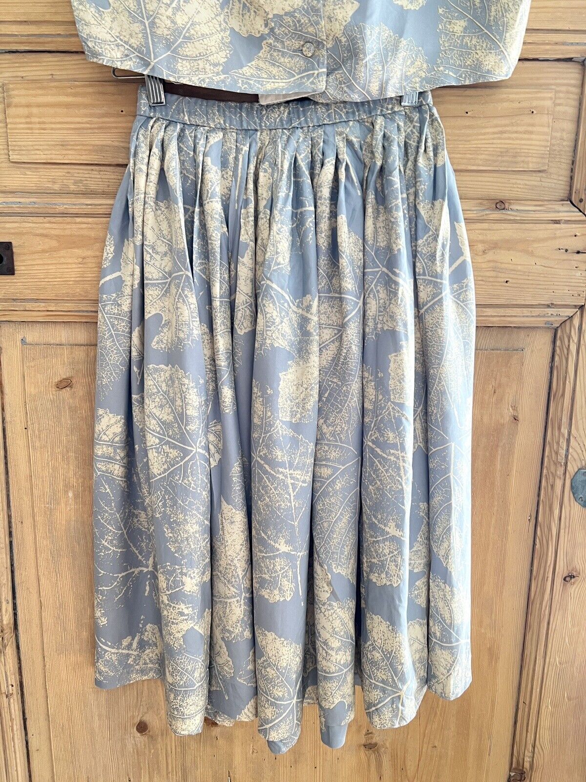 Vintage French woman BLUE SILK SET blouse PLEATED skirt c1950