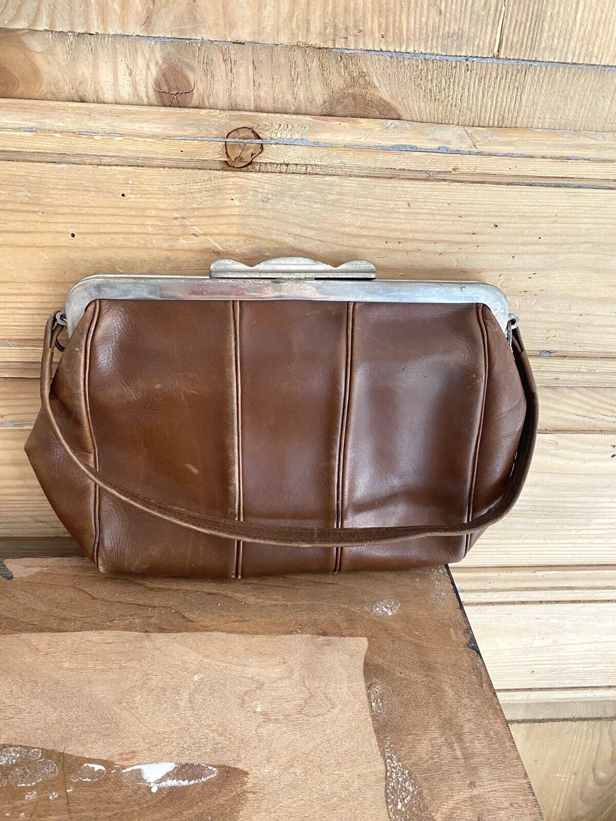 Vintage French brown LEATHER shoulder BAG c1950