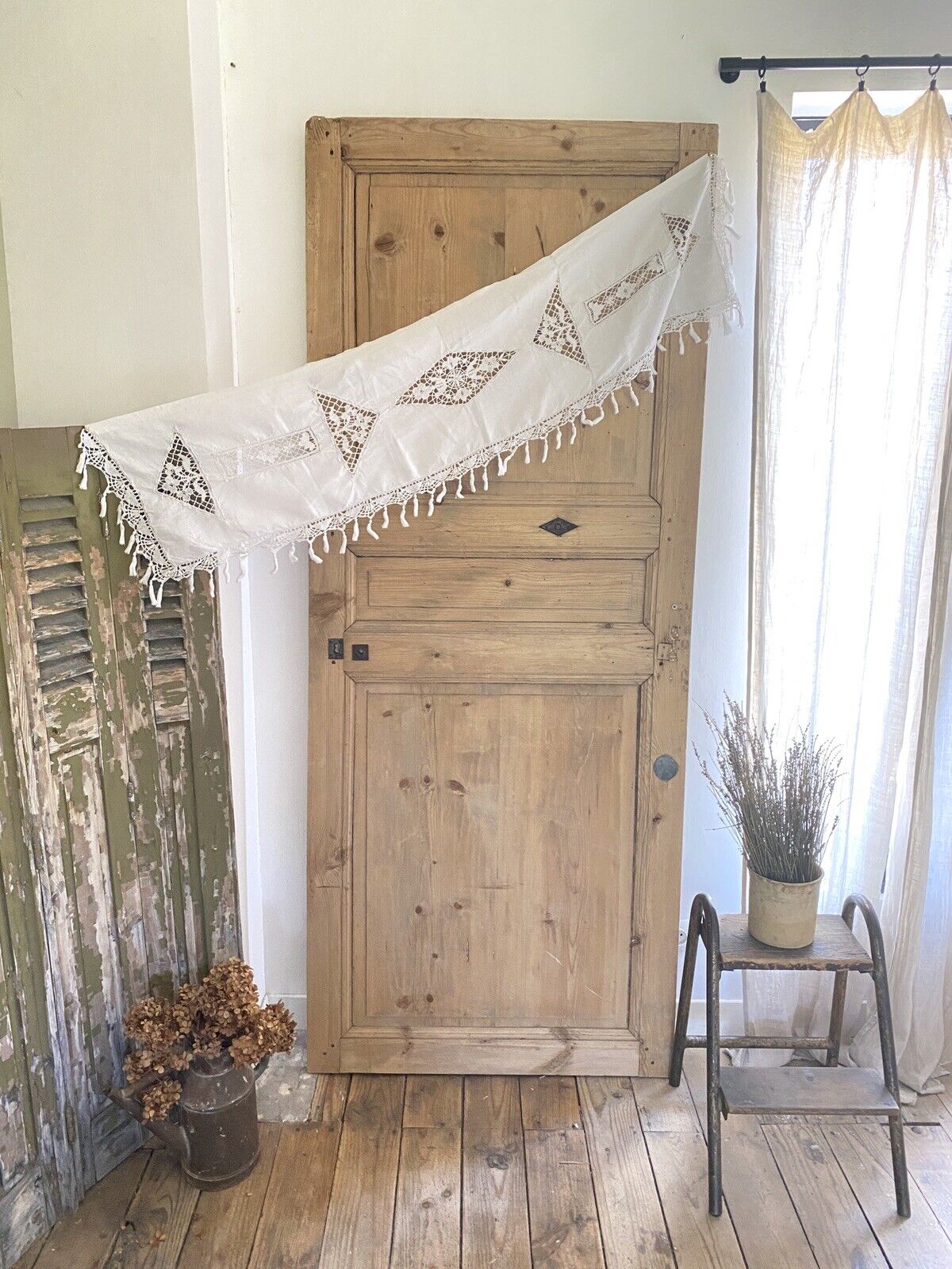 Antique French MANTELPIECE COVER curtain embroidered LINEN pompoms c1900