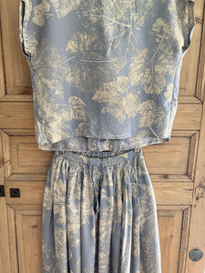 Vintage French woman BLUE SILK SET blouse PLEATED skirt c1950