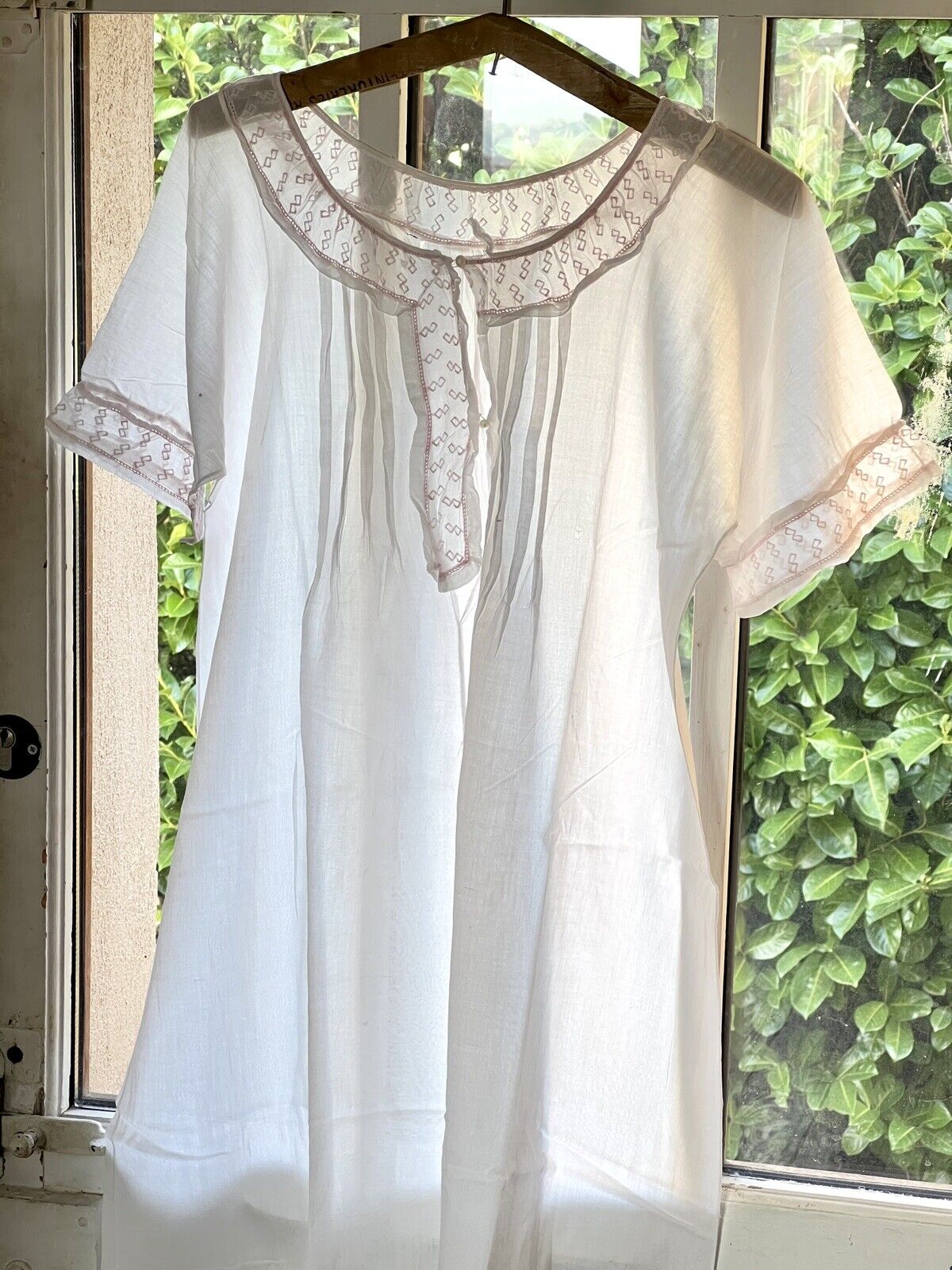 Vintage LONG romantic NIGHTSHIRT cotton veil embroidered FRILL c1930