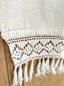 Antique French EMBROIDERED FILET LACE NUBBY LINEN curtain FH mono fringes c1920