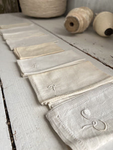 Set of 7 antique French LINEN COTTON blend HANDKERCHIEF R mono c1900