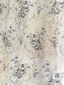 Antique French long DAMASK cotton FLORAL GREY beige CURTAIN drape c1910