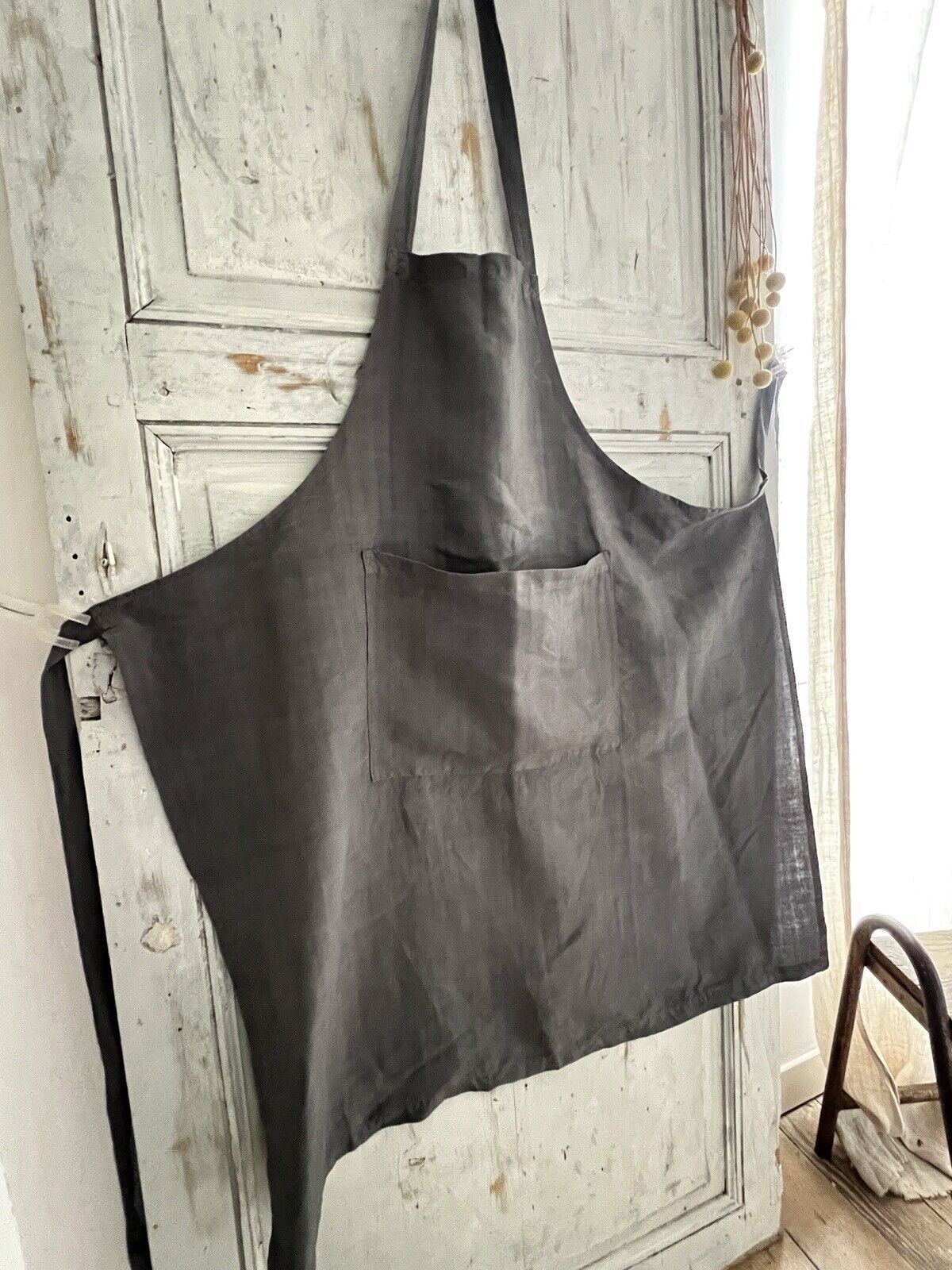 French UPCYCLED GRAY dye antique linen WORK WEAR APRON Les Toiles Blanches