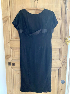 Vintage French BLACK BROCADE LACE belted DRESS c1960