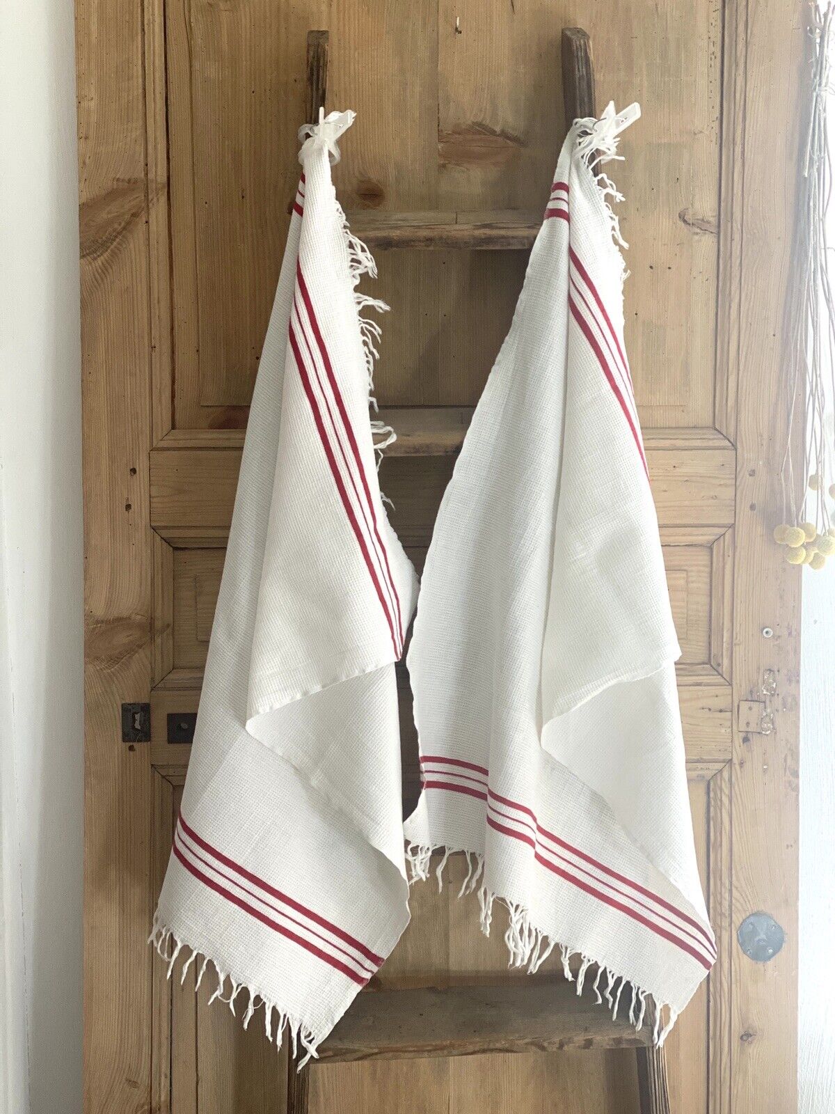 Pair antique French GUEST TOWEL cotton nid d’abeille FRINGES red LITEAU c1900