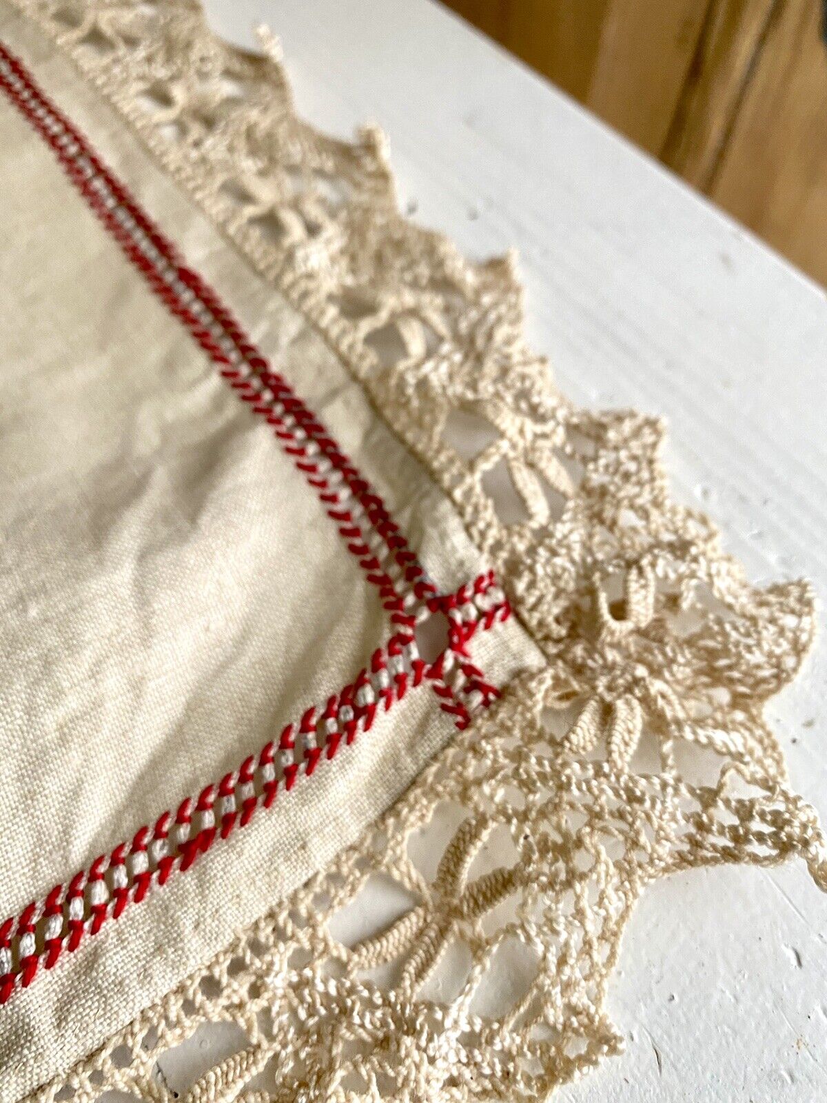 Vintage French linen DOILY floral EMBROIDERIES napperon NATURAL TONES LACE c1930