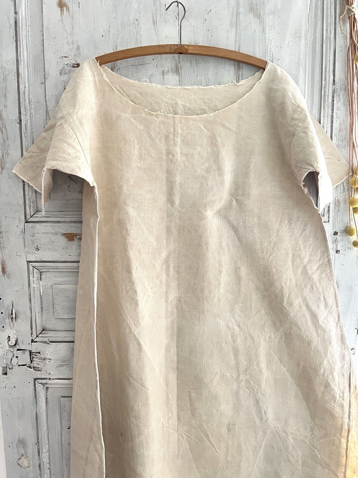 Antique French PRIMITIVE natural FLOPPY LINEN nightshirt UNFINISHED c1830