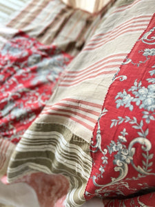 UPCYCLED French antique floral striped TEXTILE cotton PATCHWORK BEDSPREAD  c1900