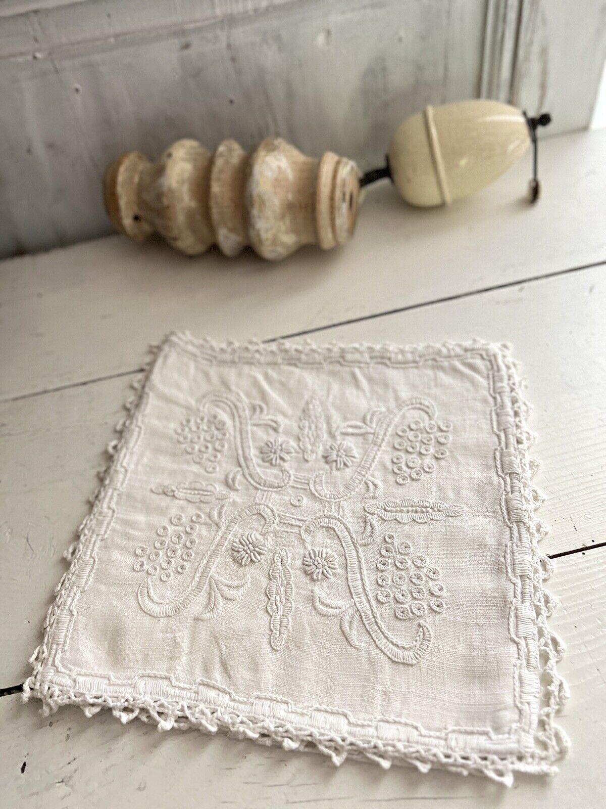 Antique French EMBROIDERED linen LINGERIE BAG crochet trim c1920