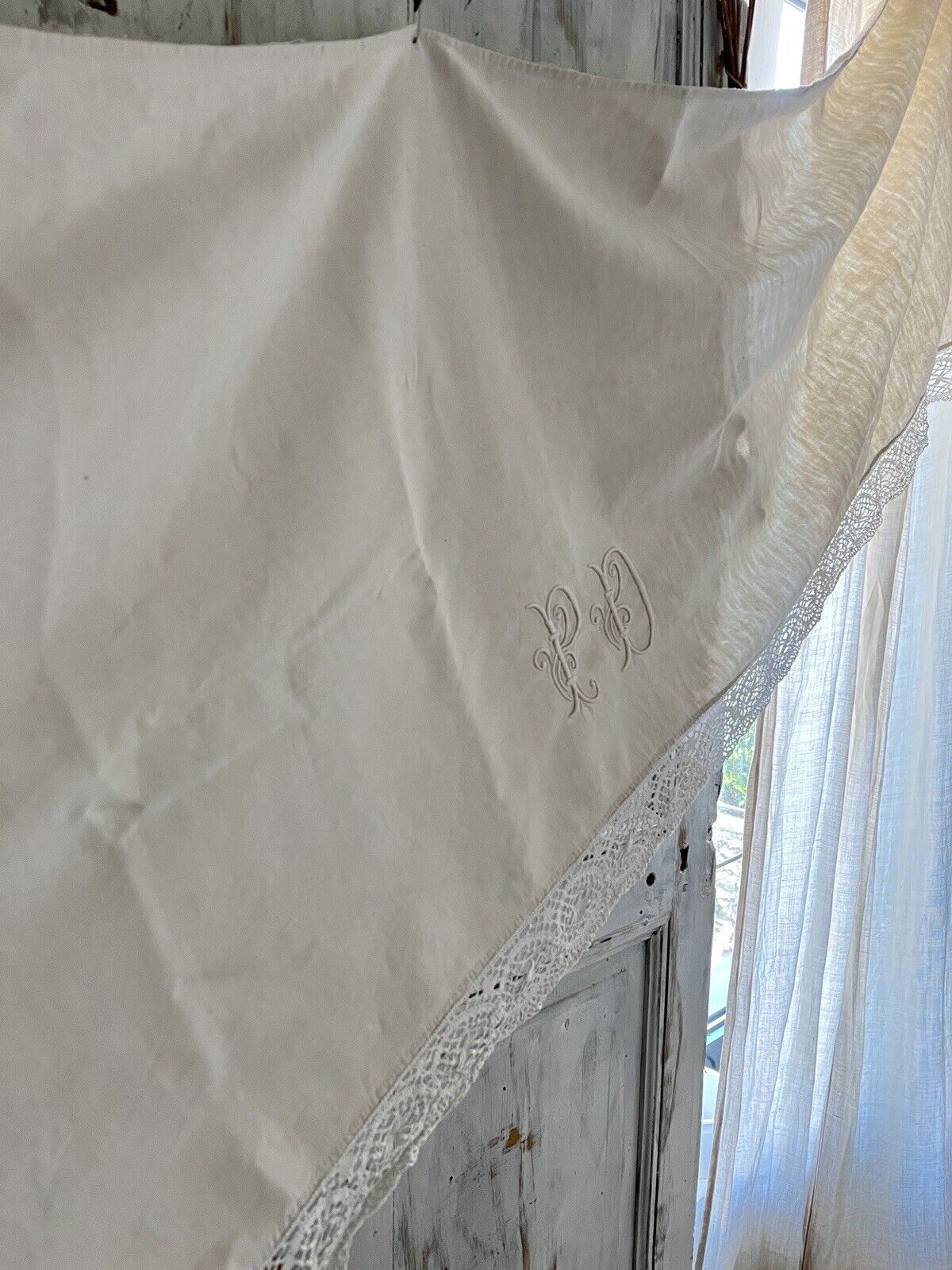 Antique French LONG MANTELPIECE COVER curtain embroidered LINEN lace trim c1900