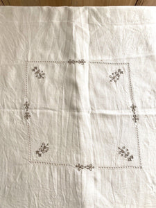 Vintage French EMBROIDERED LINEN coffee TABLECLOTH c1950