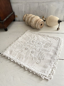 Antique French EMBROIDERED linen LINGERIE BAG crochet trim c1920