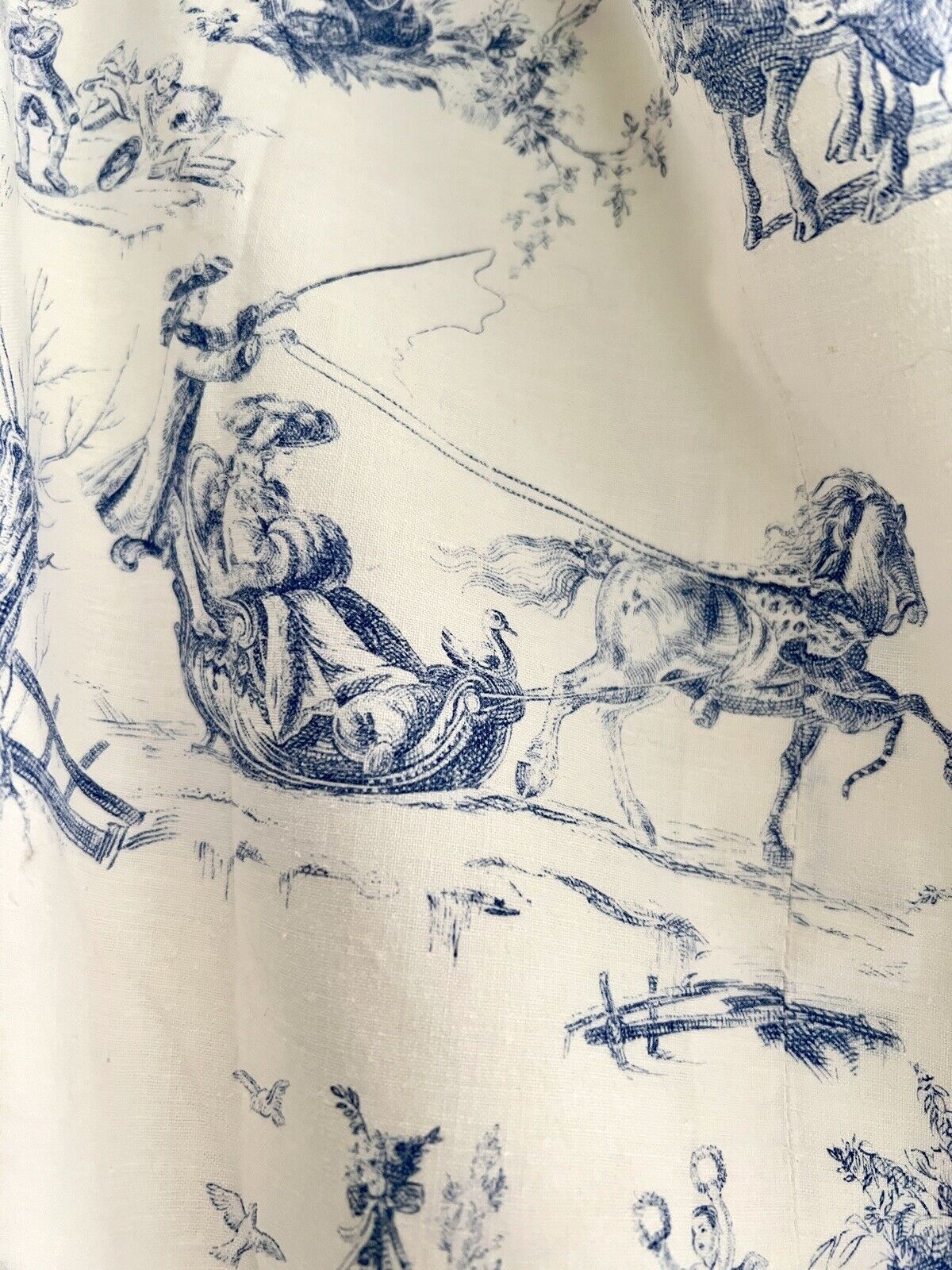 PAIR vintage French blue TOILE DE JOUY cotton PASTORAL CURTAINS BACKED c1950