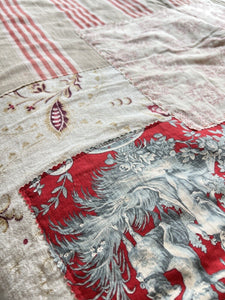 UPCYCLED French antique floral striped TEXTILE cotton PATCHWORK BEDSPREAD  c1900