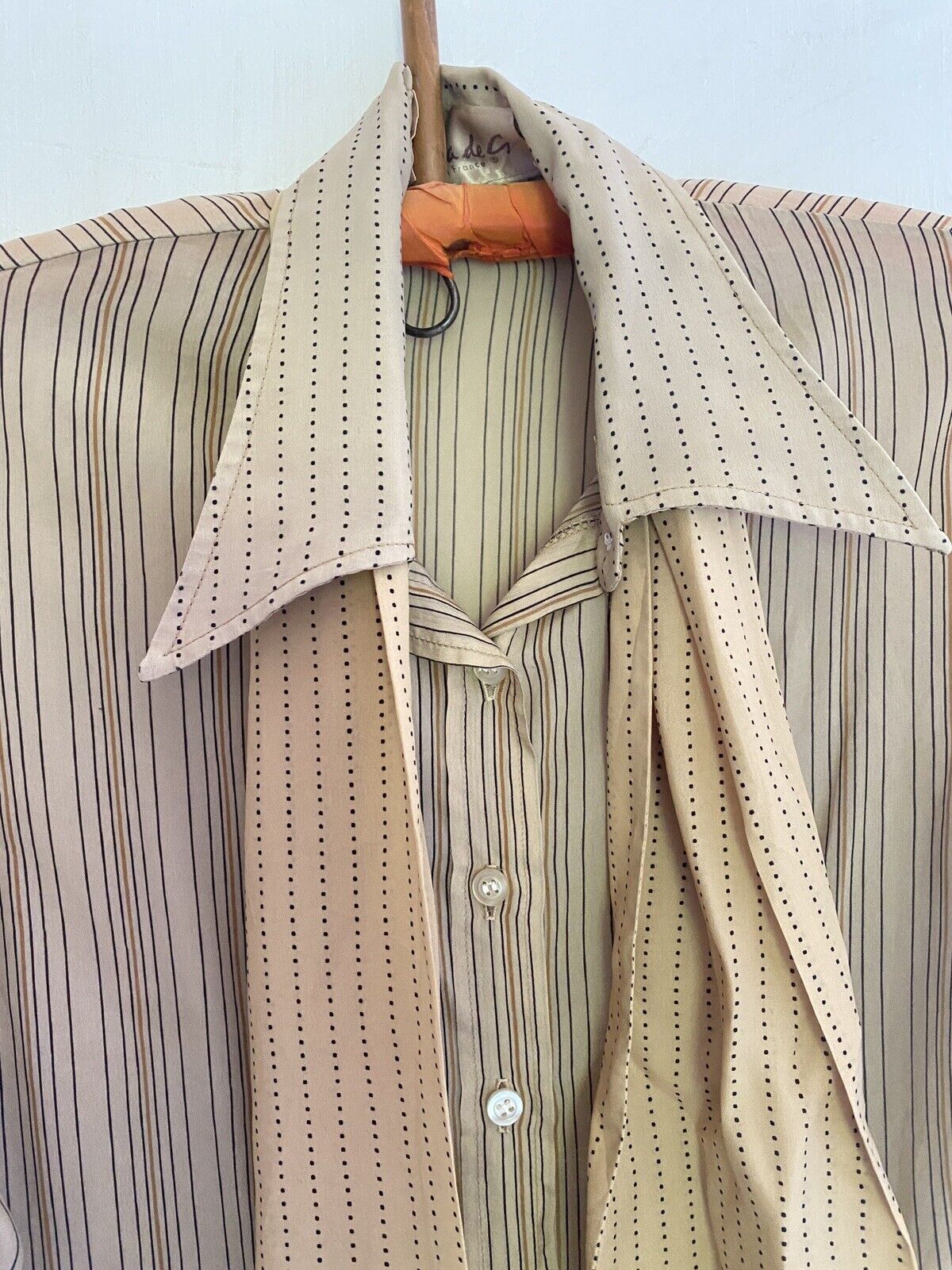 Vintage French woman LAVALLIERE BLOUSE BEIGE acetate STRIPES c1970