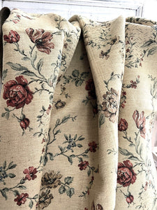 Vintage French HEAVY BOTANIC JACQUARD linen fabric ROSES panel UPHOLSTERY c1940