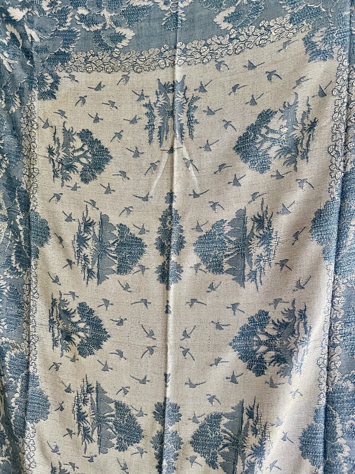 Vintage French BLUE DAMASK cotton BEDSPREAD CHINOISERIE c1930