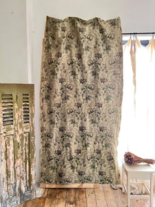 Antique French long woven DAMASK cotton FLORAL GREY green CURTAIN c1910