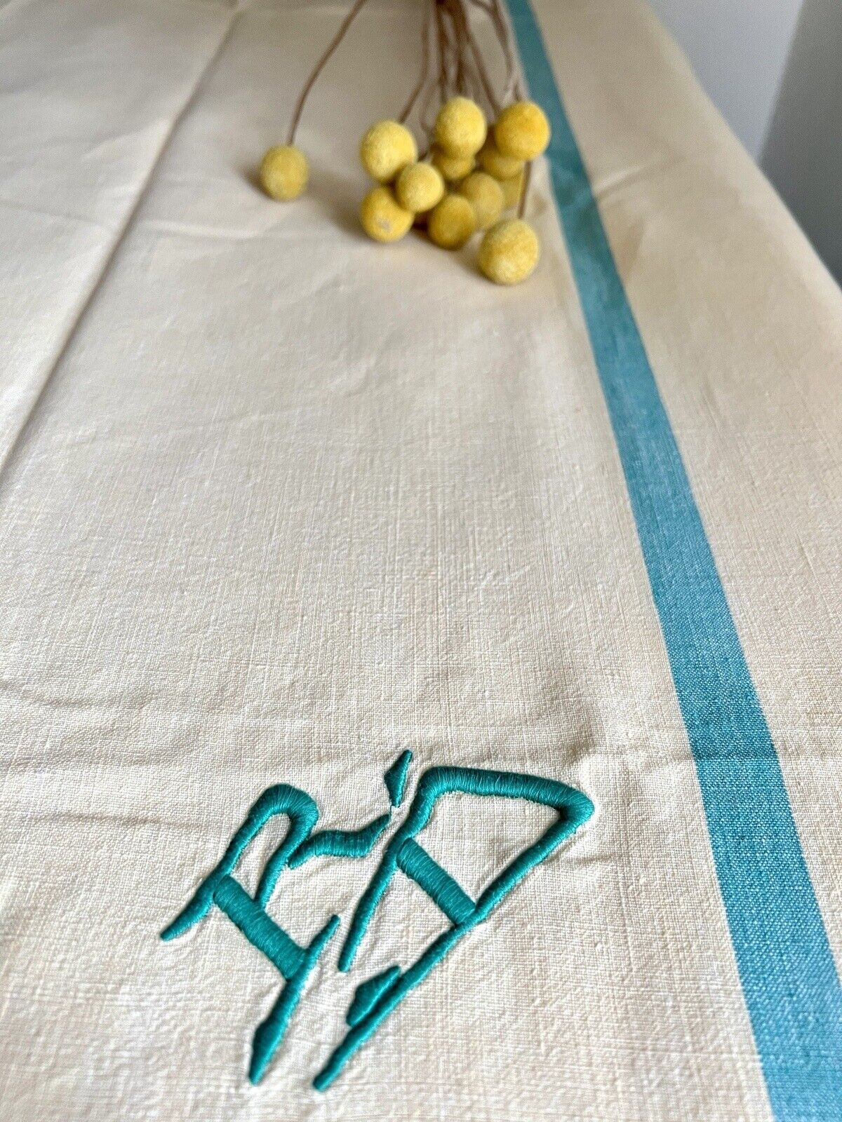 SET Art Deco French BASQUE Cotton TABLECLOTH 11 NAPKINS yellow tones RD m c1930