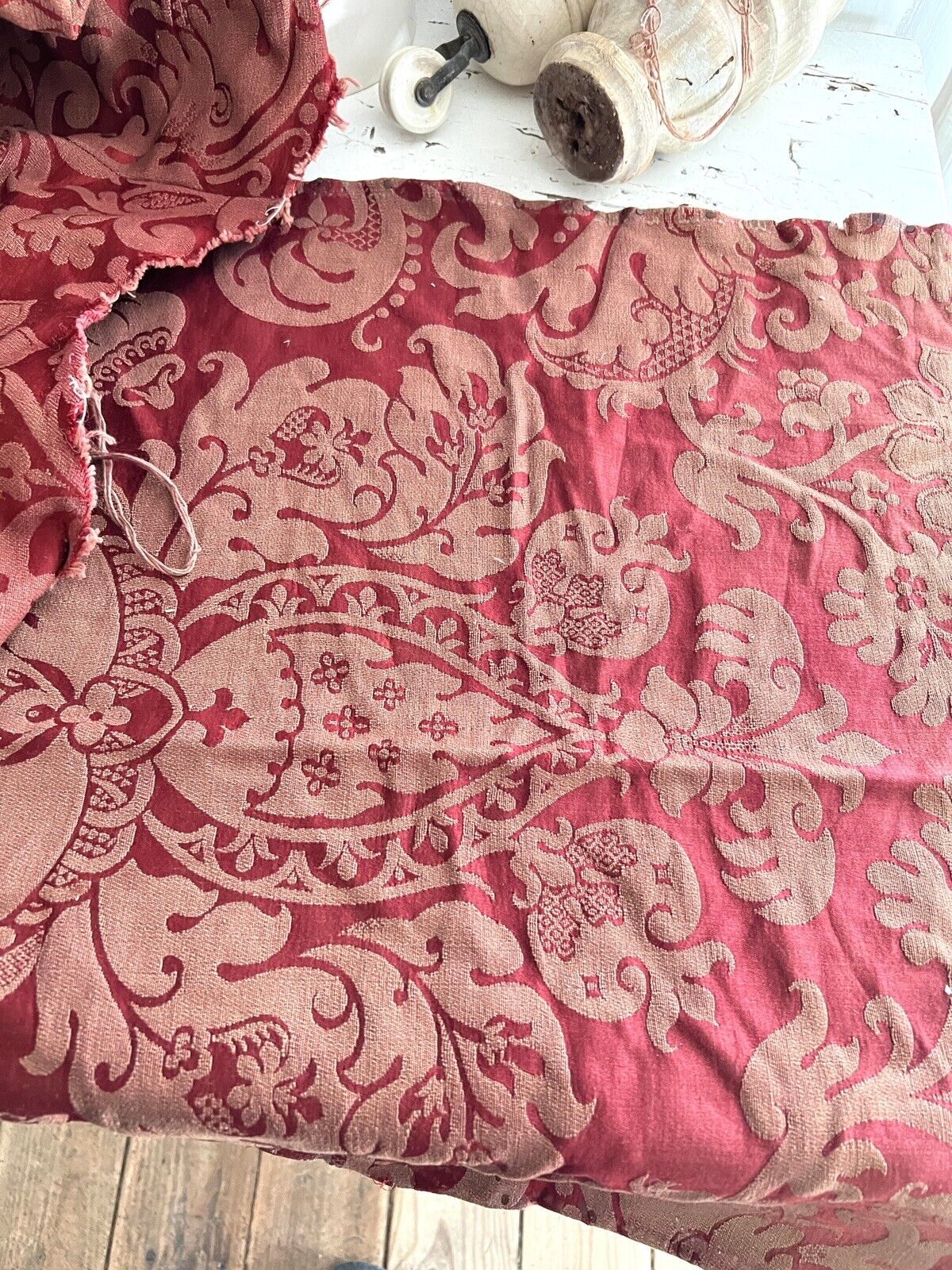 BUNDLE #3 antique CUT DAMASK SILK fabric lot CRAFT arabesques c1900