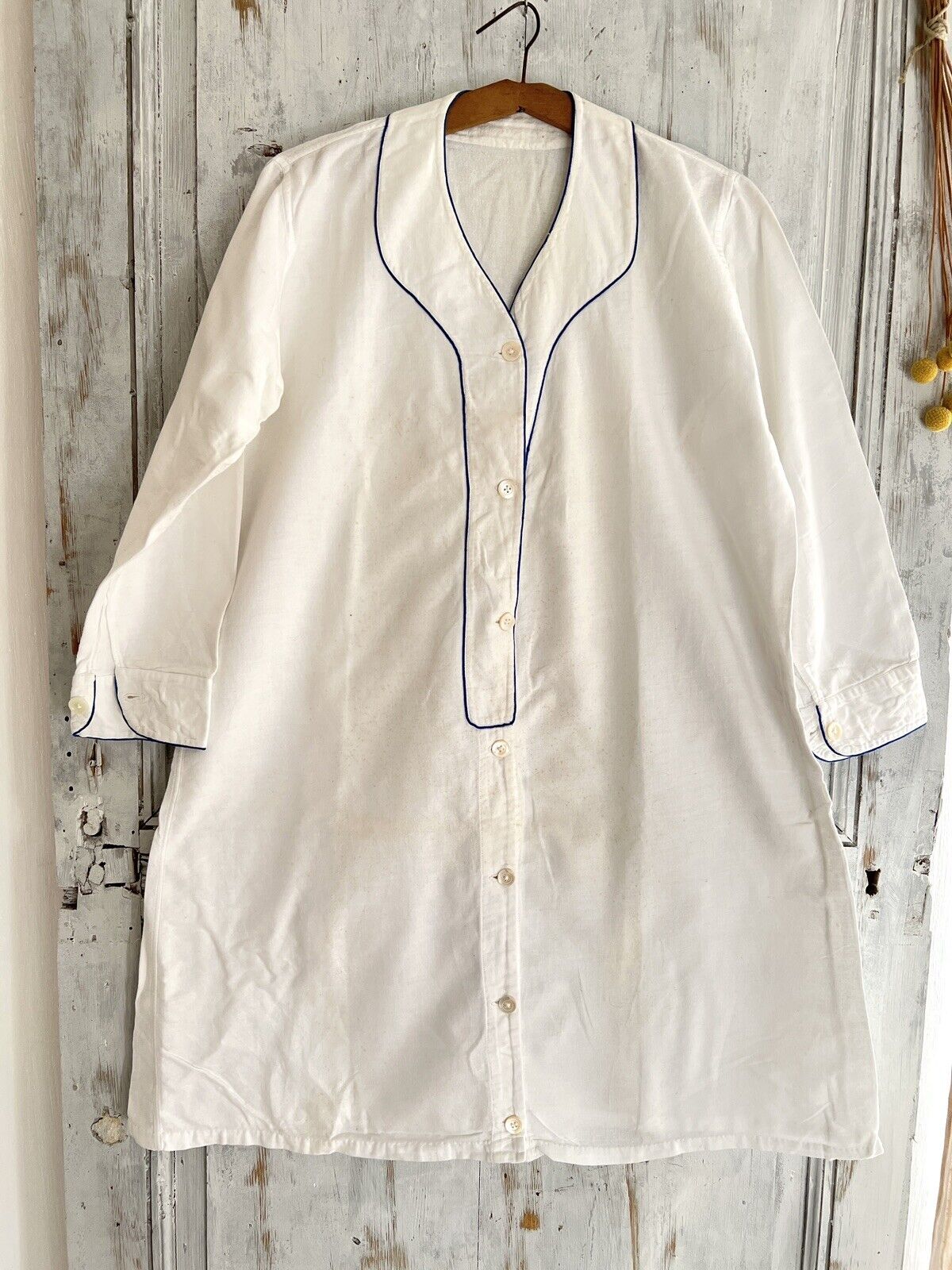 Antique French MAN brushed cotton NIGHTSHIRT blue liseret 1900