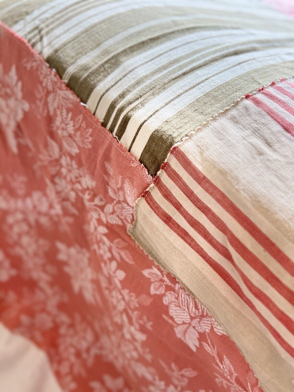 UPCYCLED French antique floral striped TEXTILE cotton PATCHWORK BEDSPREAD  c1900