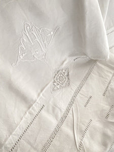 Art Deco French LINEN FIL TROUSSEAU sheet OPENWORKS MI mono c1930